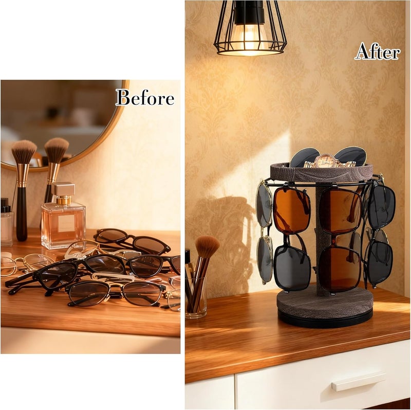 LingLingo Sunglasses Organizer 360° Rotating Eyeglass Holder Stand with Wood Tray and Base, Eye Glass Display Rack for Multiple Sunglass Storage for Table Dresser Nightstand Desk (Retro Coffee) - Image 3